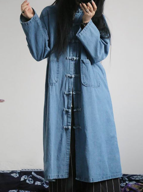 Cappotto in denim con tasca tinta unita casual autunnale da donna