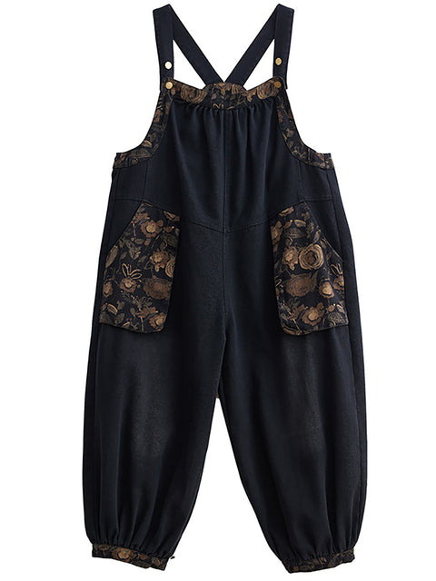 Women Vintage Floral Spliced Winter Denim Jumpsuits