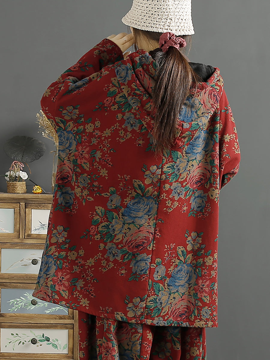 Camicia con cappuccio calda autunnale floreale vintage da donna taglie forti