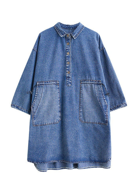 Camicia lunga in denim con cuciture solide primavera casual da donna