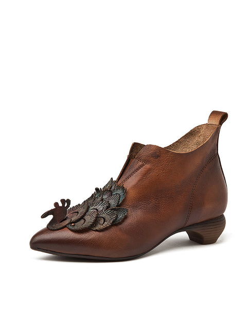 Scarpe da donna vintage in pelle con tacco basso e fiore