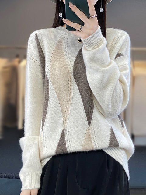 Women Autumn Warm Rhomboids Knit 100%Wool O-Neck Sweater