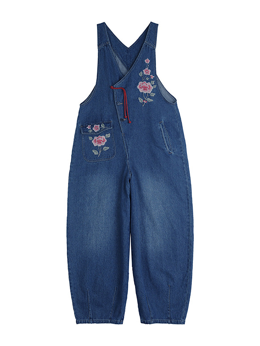 Tute di jeans da donna con ricamo floreale vintage primaverile