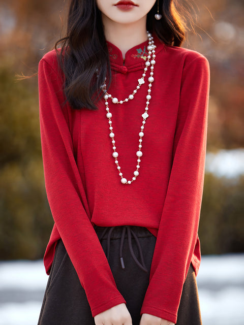 Camicetta in maglia con ricamo a collo alto primaverile da donna