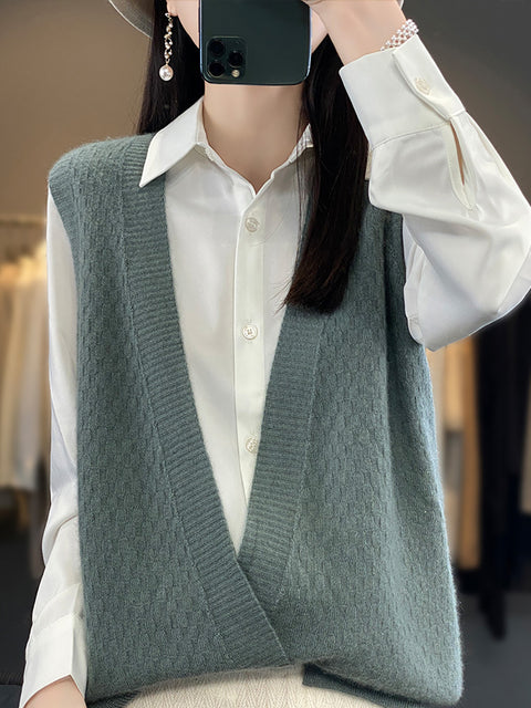 Women Casual Wool Solid V-Neck Irregular Hem Knit Vest