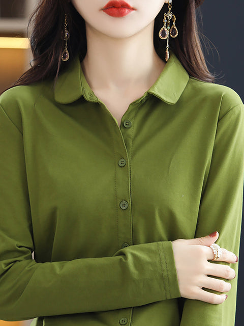 Women Spring Turn-down Collar Pure Color Cotton Shirt