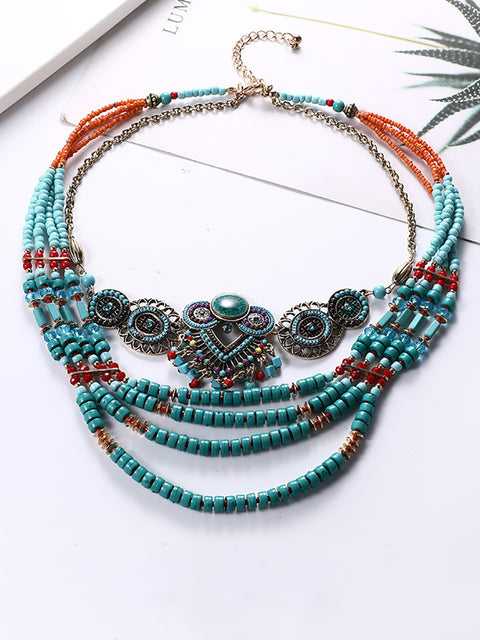 Women Ethnic Bohemian Multi-layer Bead Alloy Knitted Necklace