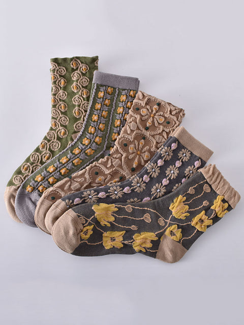 5 Pairs Women Autumn Vintage Flower Jacquard Socks