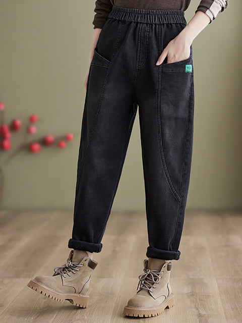 Women Autumn Vintage Solid Fleece-lined Harem Pants