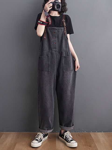 Women Retro Spring Solid Loose Denim Jumpsuits