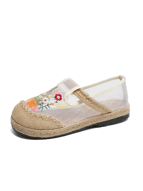 Women Summer Flower Embroidery Linen Spliced Shoes