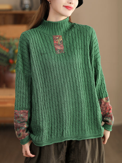 Women Retro Patch Spliced Knitted Turtleneck Sweater