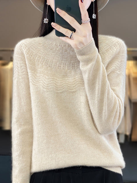 Women Autumn Cable Knit 100%Wool Half Turtleneck Sweater