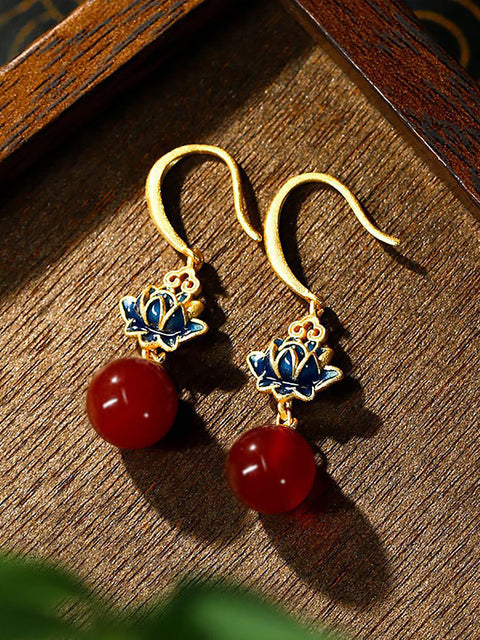 Vintage Red Bead Alloy Lotus Earrings