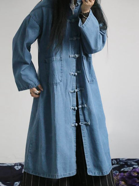 Cappotto in denim con tasca tinta unita casual autunnale da donna