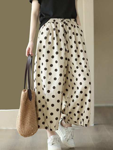 Pantaloni a gamba larga in lino con coulisse a pois vintage da donna taglie forti