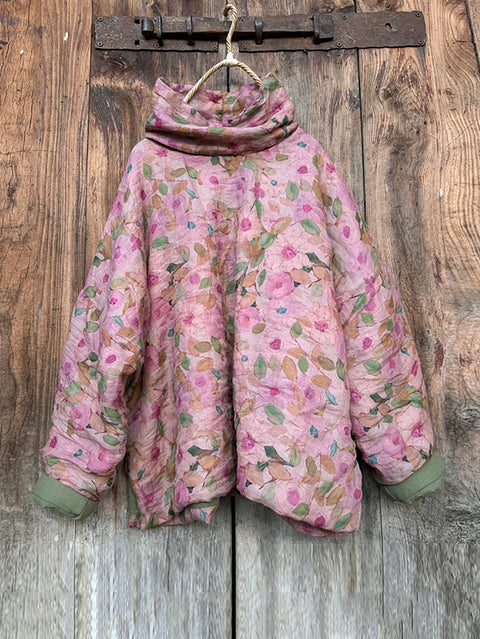 Cappotto imbottito in ramiè con scollo a V e fiori autunnali vintage da donna