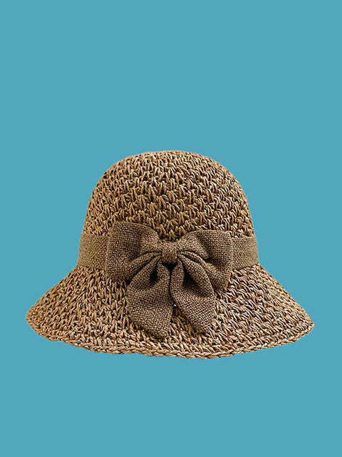 Cappello da sole estivo lavorato a maglia in paglia con fiocco artistico da donna