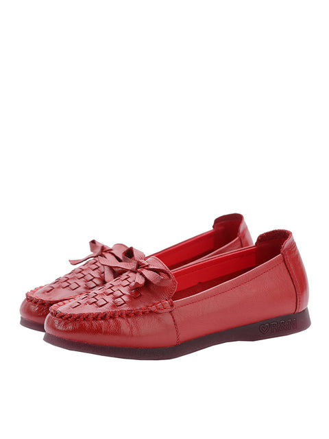 Women Summer Casual Solid Soft Leather Weave Flat Shoes