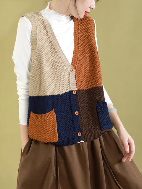 Gilet da donna con scollo a V lavorato a maglia color block autunnale