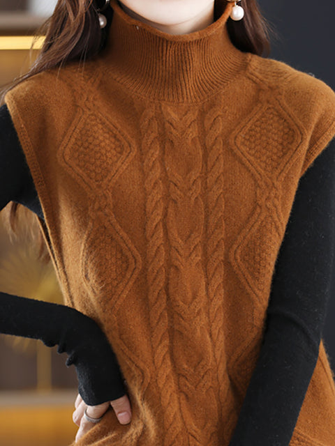 Women Casual Autumn Wool Turtleneck Twist Knit Vest