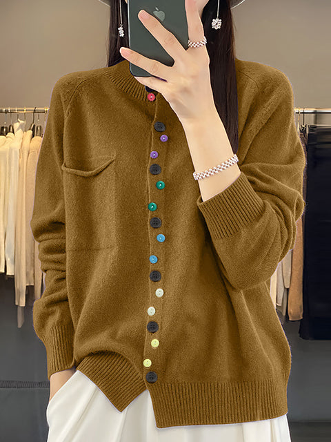 Maglione lavorato a maglia in lana autunnale da donna con scollo a V e colore puro