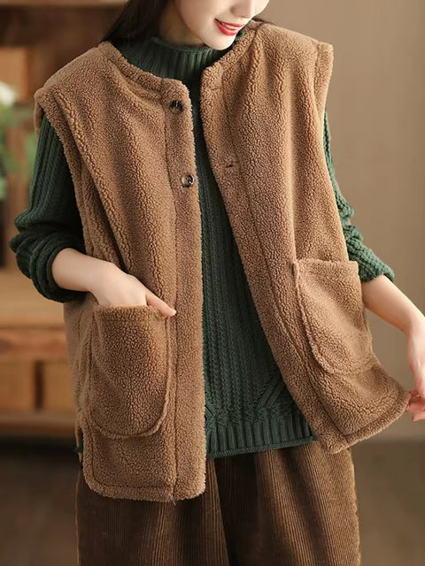 Women Casual Winter Solid Corduroy Plush Cotton Vest Coat