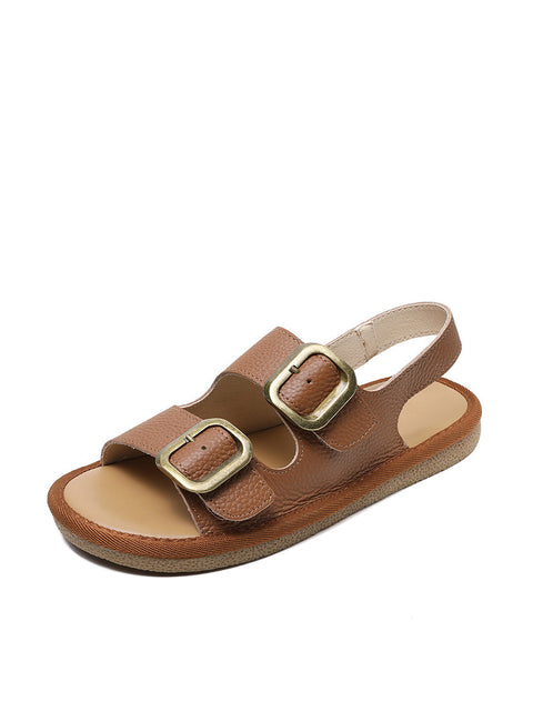 Sandali estivi casual in pelle con bottoni piatti da donna