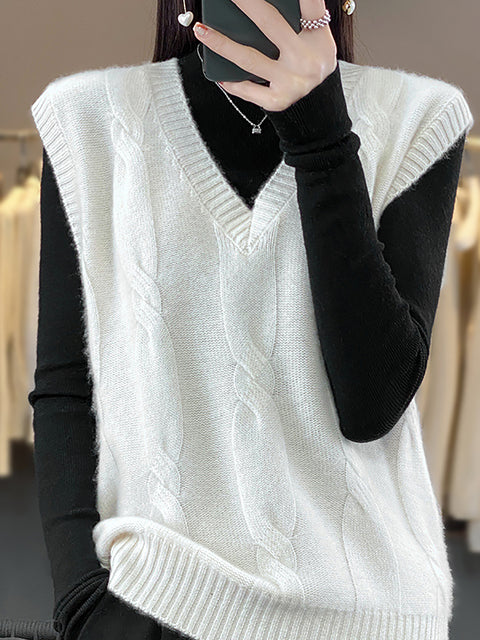 Women Casual Autumn Wool V-Neck Cable Knit Vest