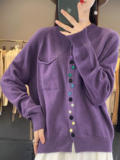 Maglione lavorato a maglia in lana autunnale da donna con scollo a V e colore puro