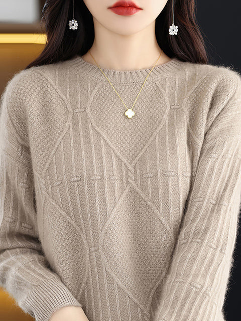 Women Autumn O-Neck Rhomboid 100%Wool Soft Sweater