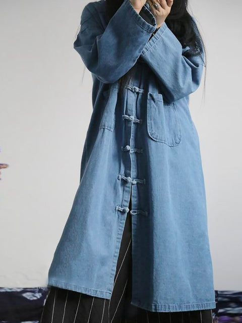 Cappotto in denim con tasca tinta unita casual autunnale da donna