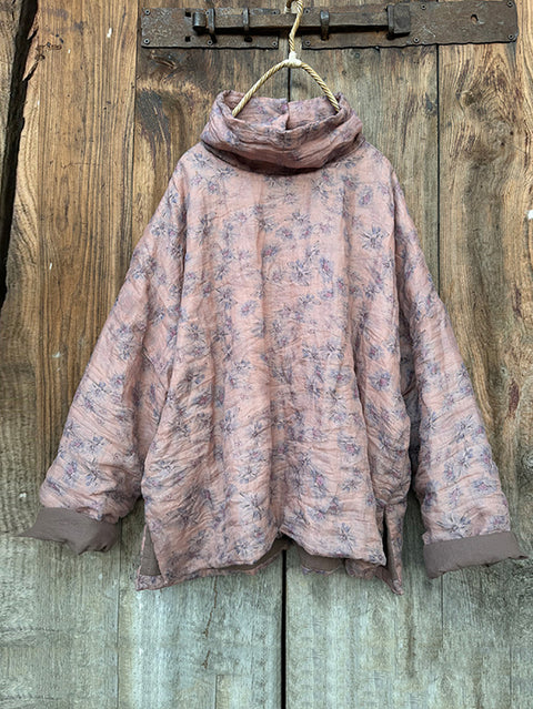 Women Vintage Autumn Floral Turtleneck Ramie Padded Coat