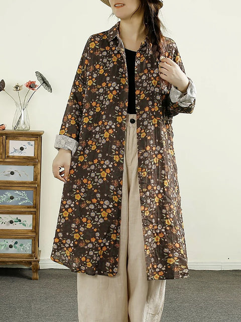 Cappotto in cotone con bottoni e fiori autunnali vintage da donna