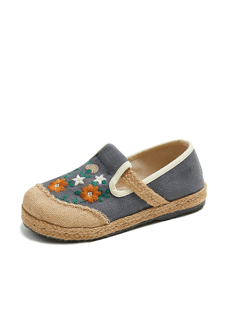 Women Summer Flower Embroidery Linen Spliced Straw Shoes