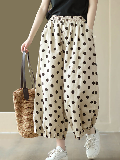 Pantaloni a gamba larga in lino con coulisse a pois vintage da donna taglie forti