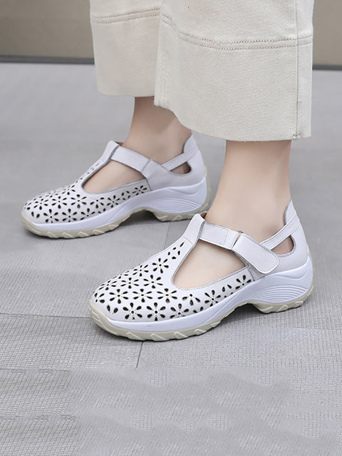 Women Summer Solid Leather Cutout Platform Shoes