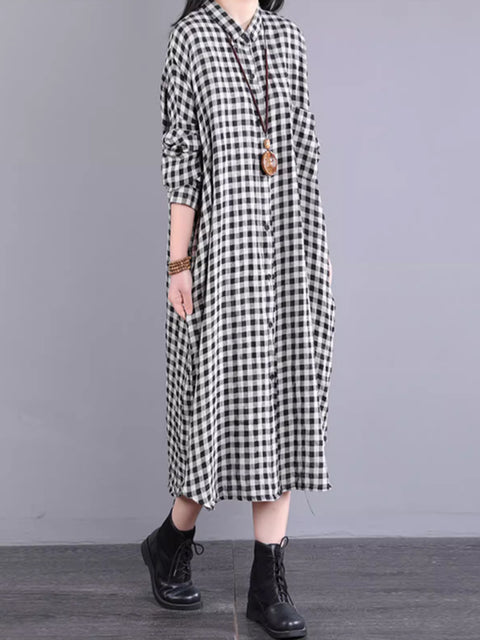 Plus Size Women Casual Plaid Pocket Loose Linen Cardigan Dress