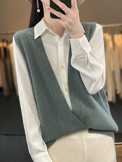 Women Casual Wool Solid V-Neck Irregular Hem Knit Vest