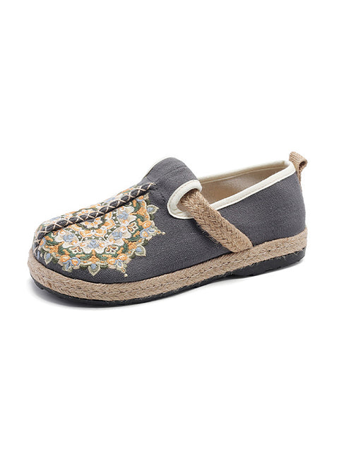 Women Ethnic Flower Embroidery Linen Flat Shoes