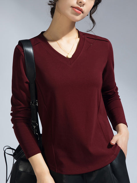 Blusa casual da donna con scollo a V e colore puro