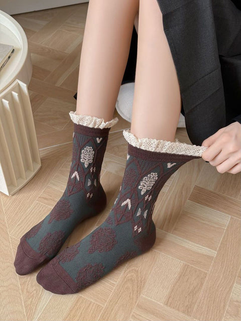 5 paia di calzini in cotone jacquard con fiori artistici autunnali da donna