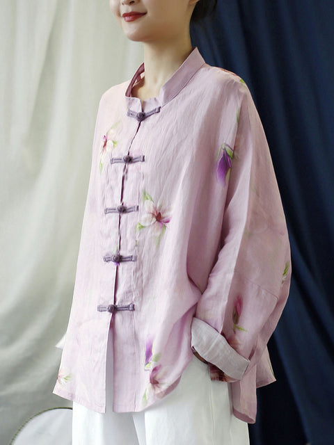 Plus Size Women Vintage Flower Pink Spring Ramie Shirt Coat