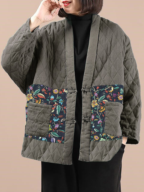 Cappotto con scollo a V e tasca con impunture etniche da donna taglie forti