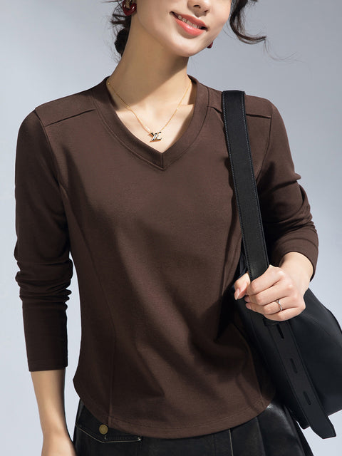 Women Spring Casual V-Neck Pure Color Blouse