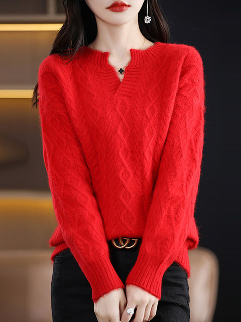 Women Autumn V-Neck Wool Twist Knit Sweater