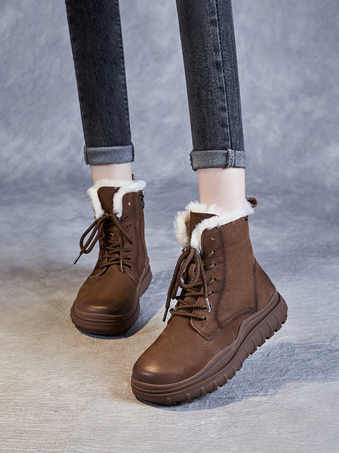 Women Vintage Winter Leather Fleece-lined Ankle Boots