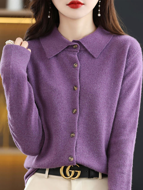 Cardigan lavorato a maglia con collo rovesciato in lana autunnale da donna