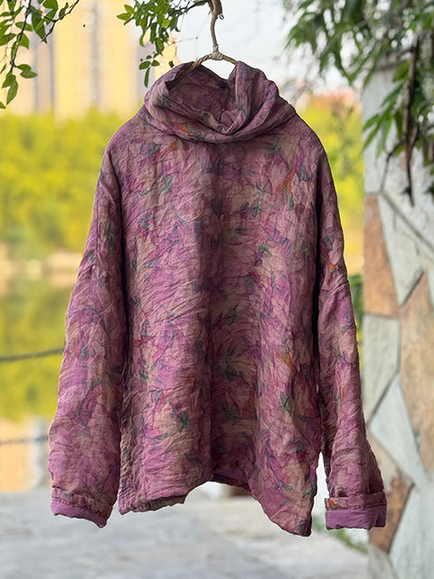 Women Vintage Autumn Floral Turtleneck Ramie Padded Coat