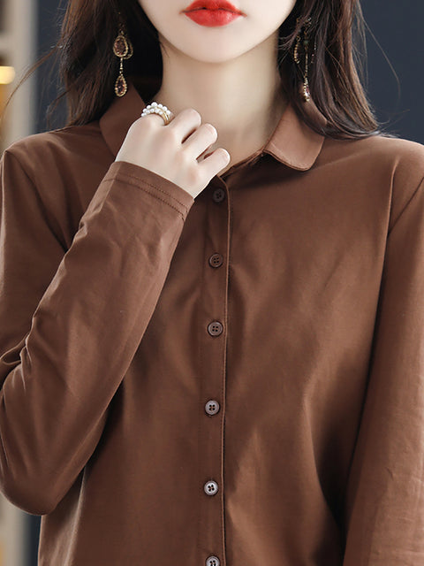 Women Spring Turn-down Collar Pure Color Cotton Shirt